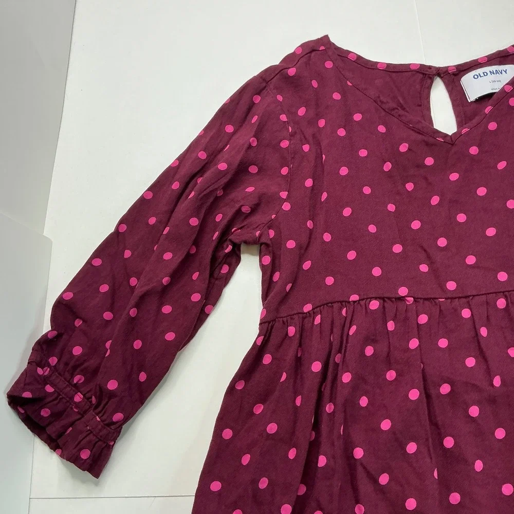 Old Navy Wine Pink Polka Dot Dress Girls Size L 10-12 Empire Waist Ruffle Cuff
